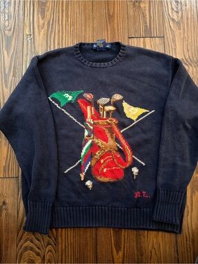 Ralph Lauren Navy Crewneck Sweater with Red Golf Bag 90s sweater !